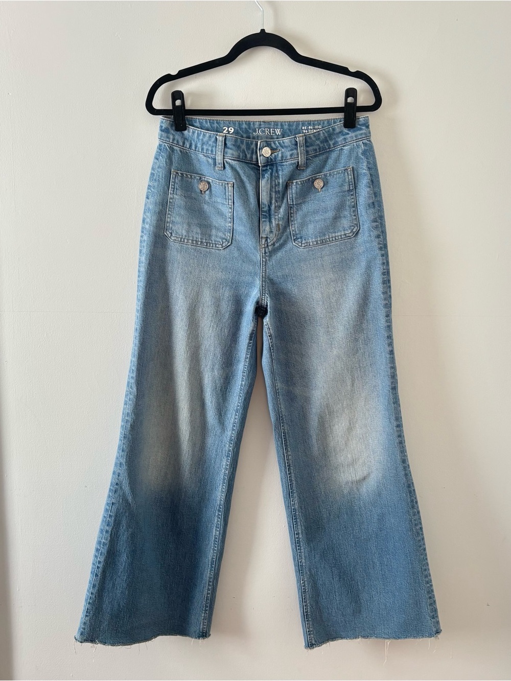 J. Crew High Rise Sailor Denim Jeans Wide Leg Raw Hem Patch Pockets Stretch Blue